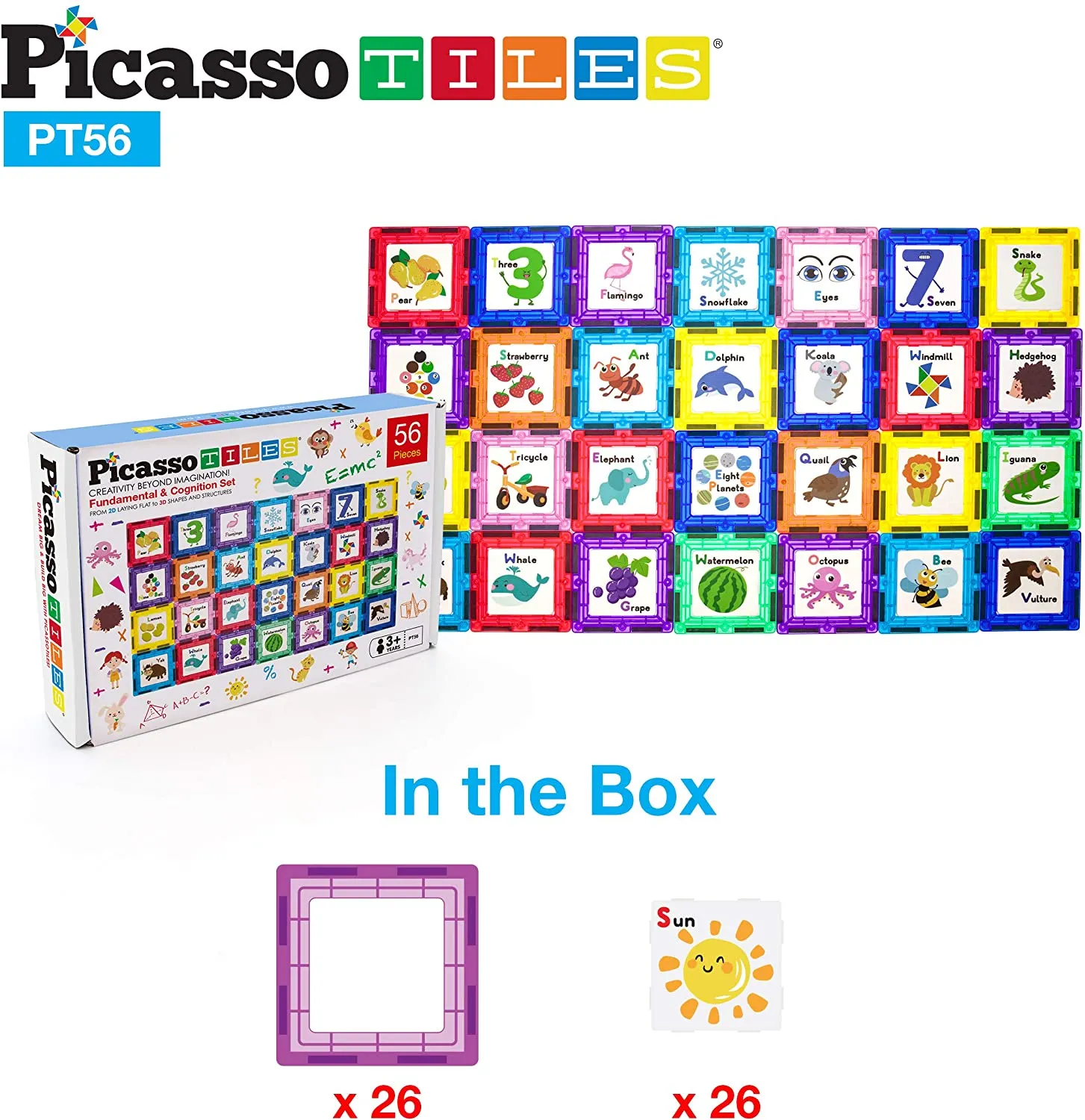 PicassoTiles 56 Piece Magnetic Building Blocks with 28pc Tiles and 28pc Educational Click-in Inserts Magnet Construction Toy Set STEM